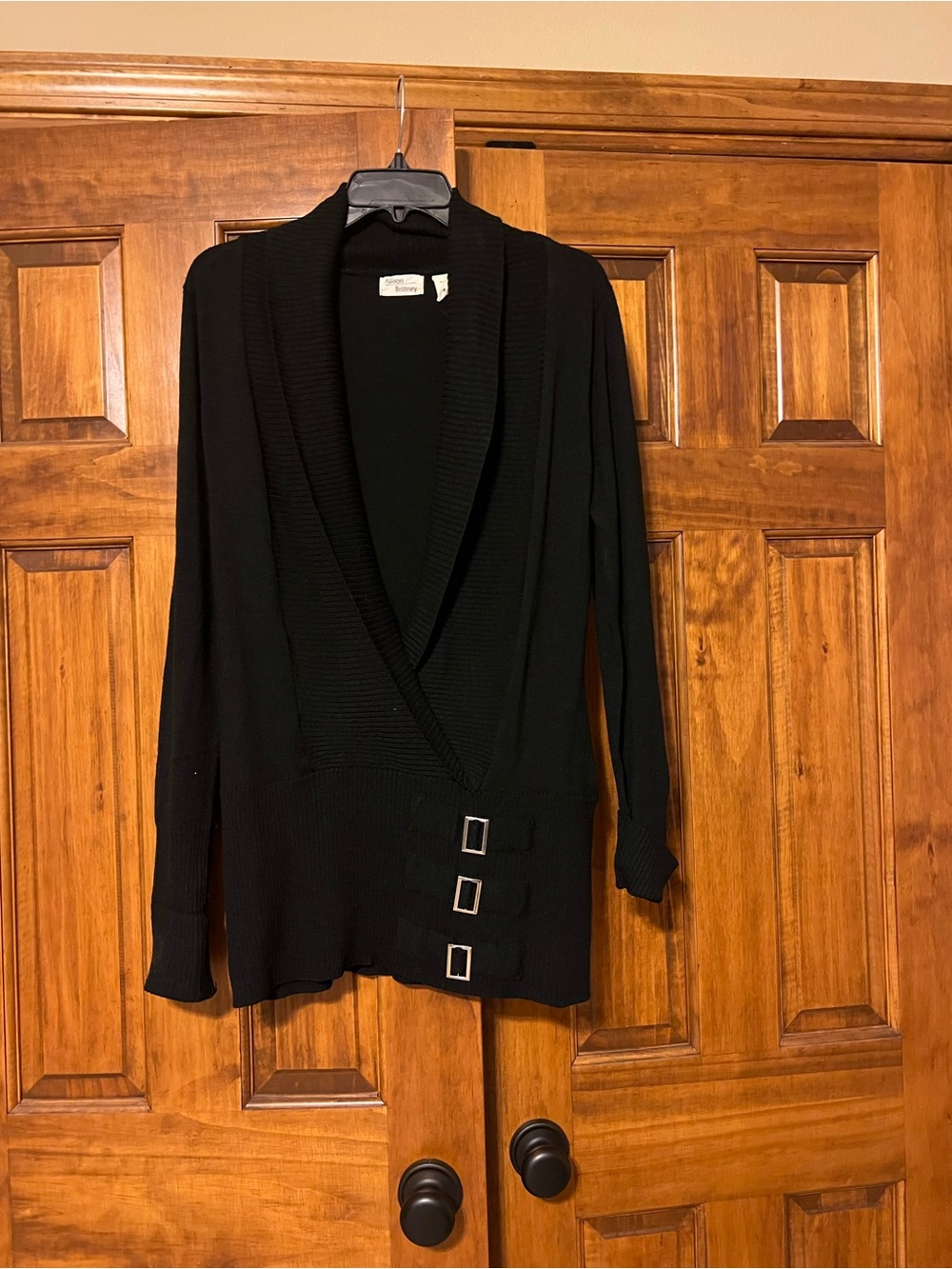 Allison Brittney Black Shawl Collar Sweater with Buckle Accents and Waist Cinch